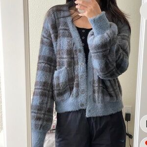 Blue plaid fuzzy cardigan
